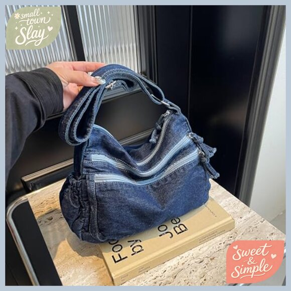 Denim Hobo Shoulder Bag with Adjustable Strap, Zipper Closure, Multiple Pockets - Picture 6 of 7